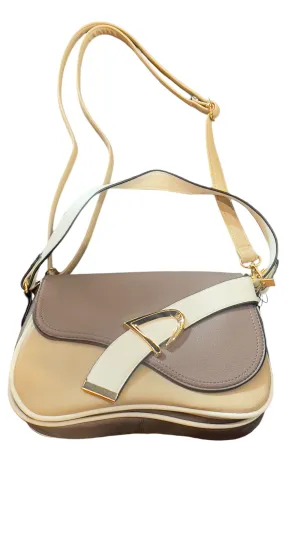 BEIGE VEGAN GOLD BUCKLE FRONT HANDBAG