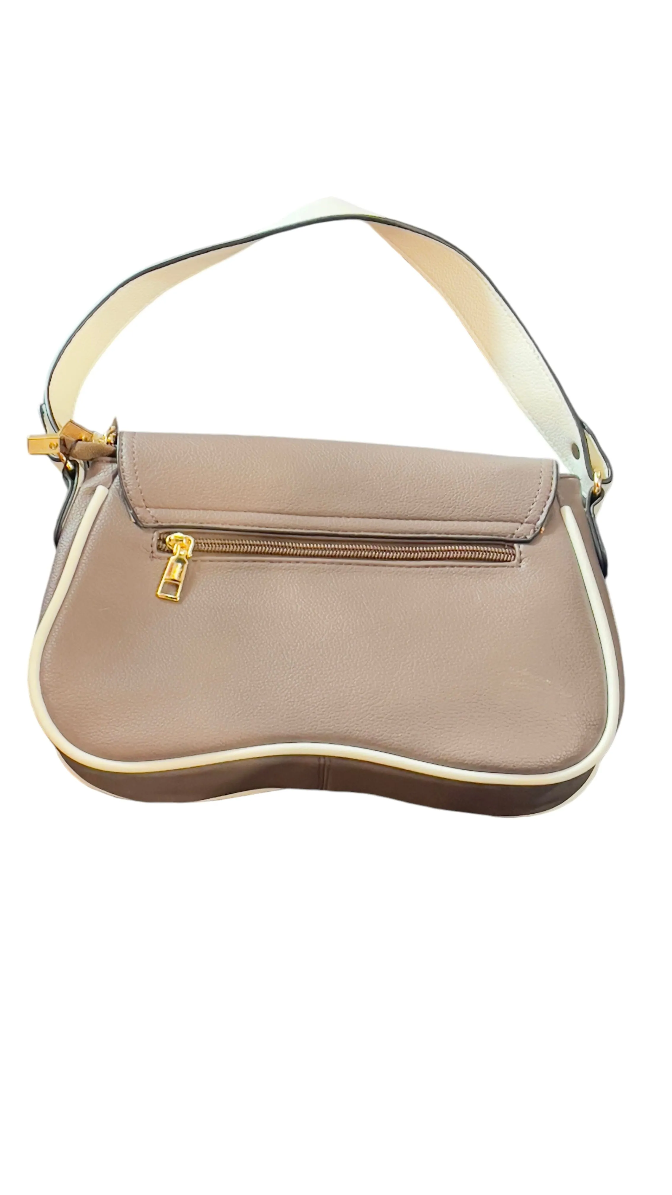 BEIGE VEGAN GOLD BUCKLE FRONT HANDBAG