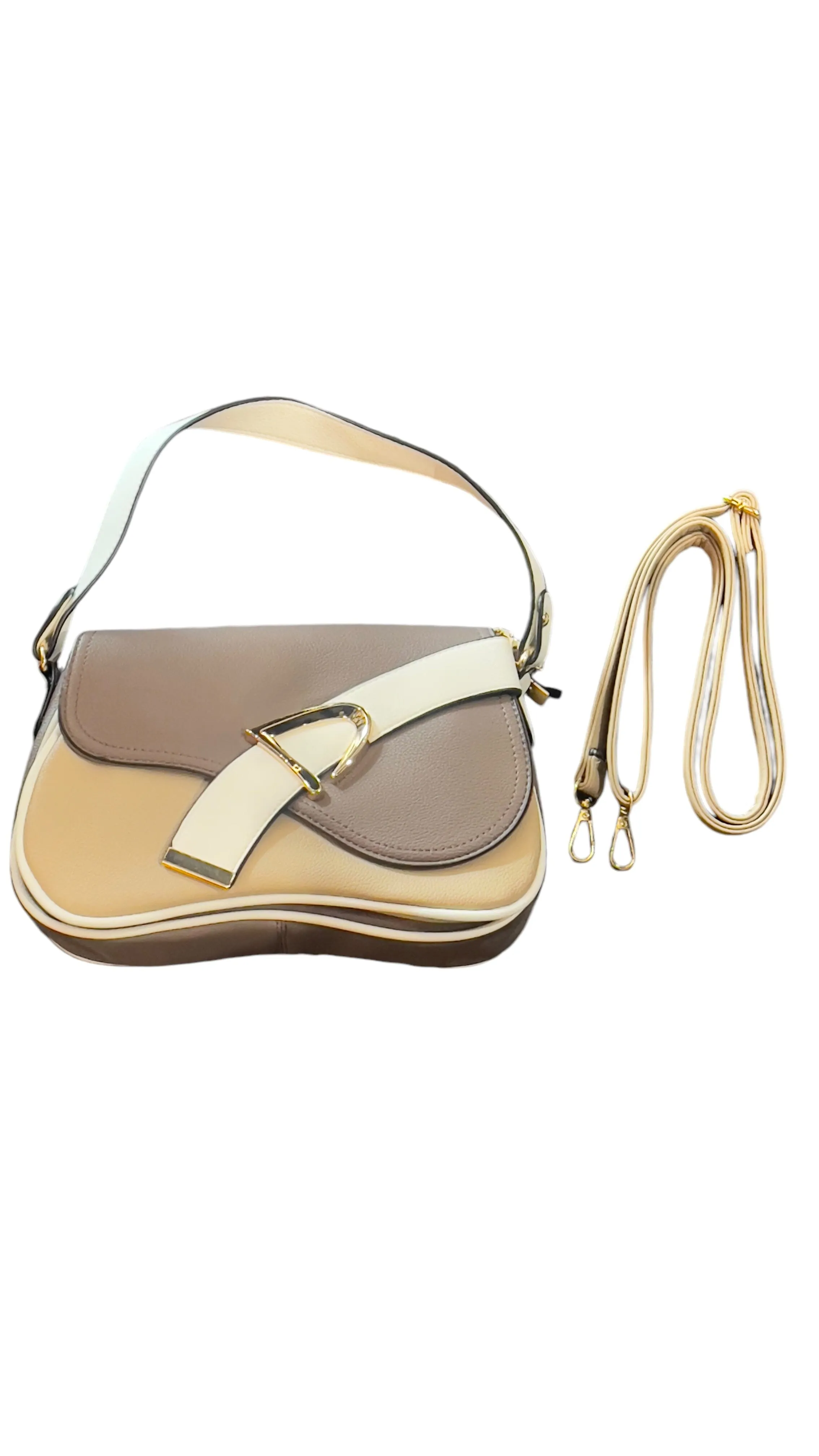 BEIGE VEGAN GOLD BUCKLE FRONT HANDBAG