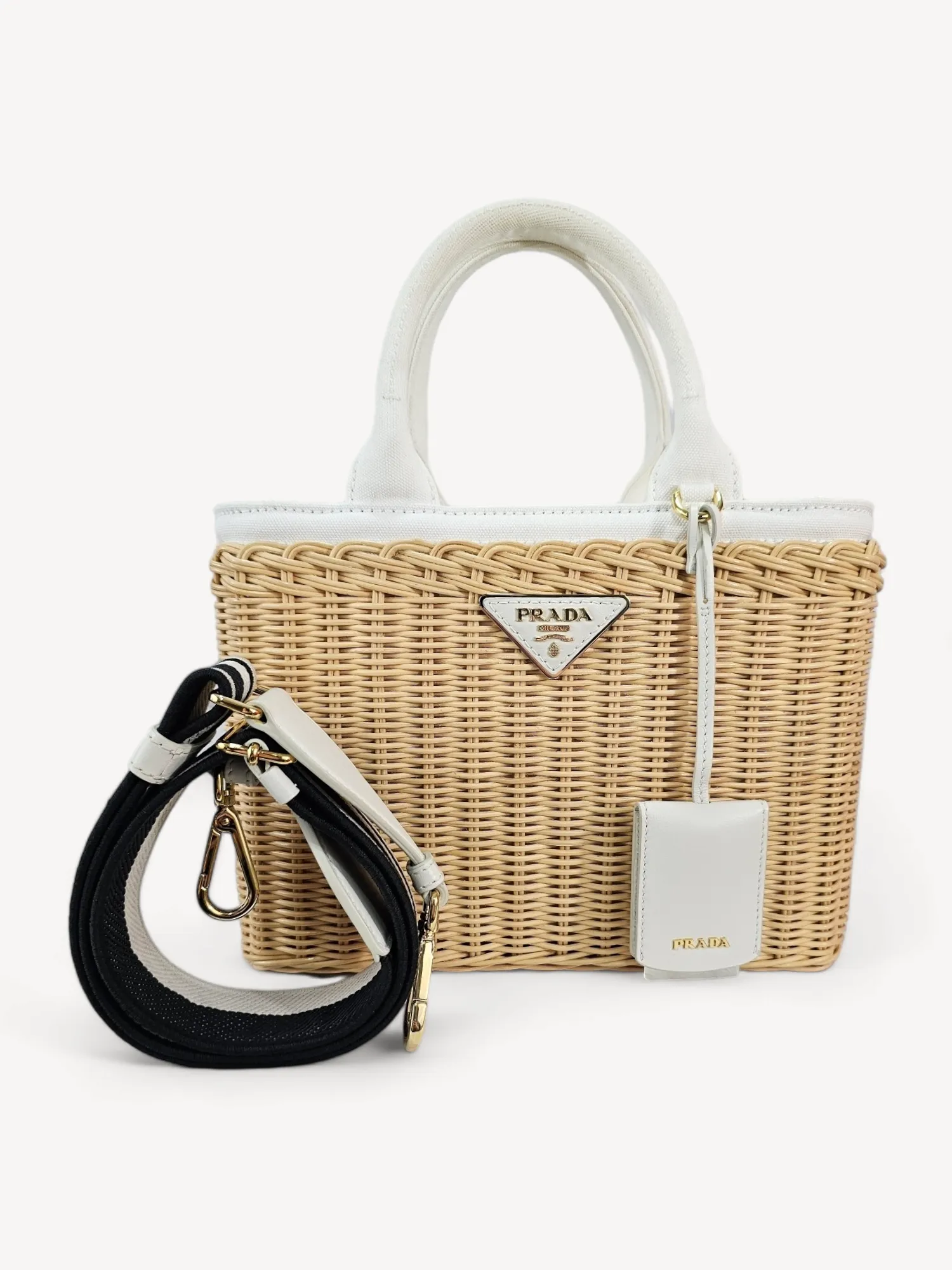 Bolsa Prada Tote em Vime e Canvas Branco