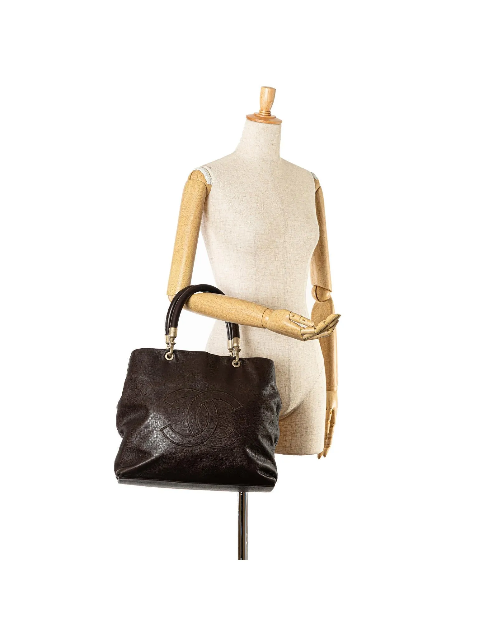 Caviar Leather Tote Bag with Rolled Handles and Interior Zip Compartments