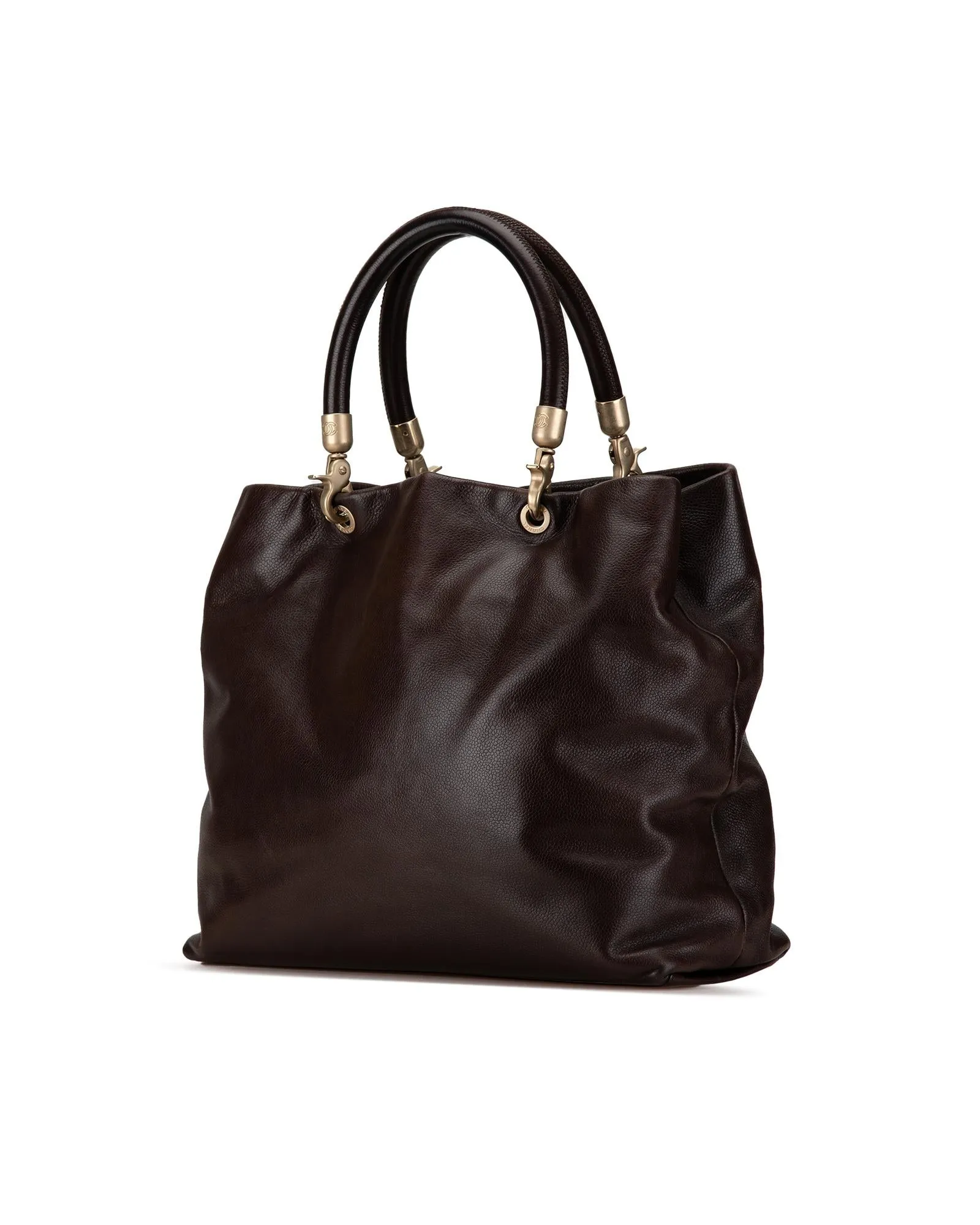 Caviar Leather Tote Bag with Rolled Handles and Interior Zip Compartments