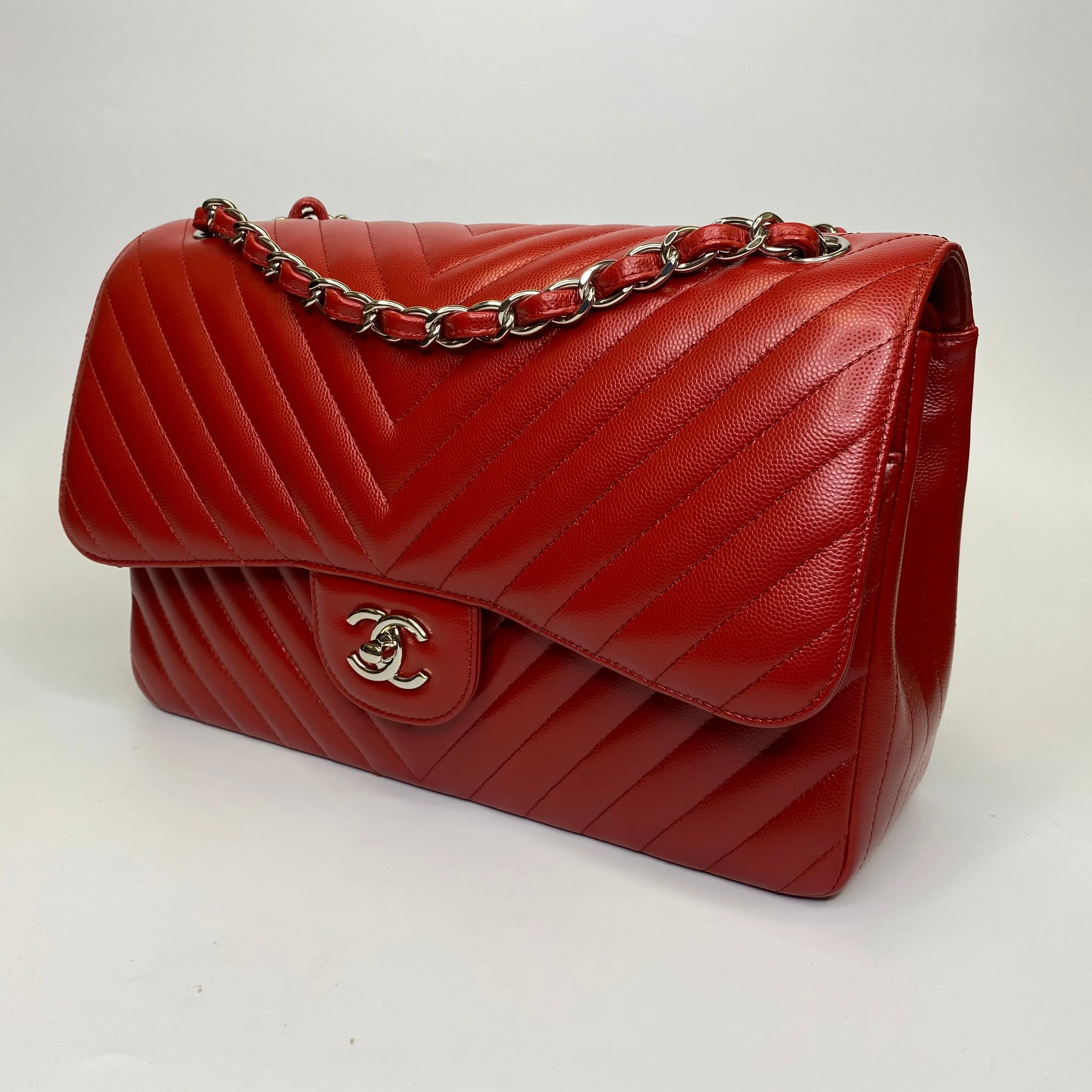 Chanel 2016 Red Chevron Jumbo Double Flap Bag