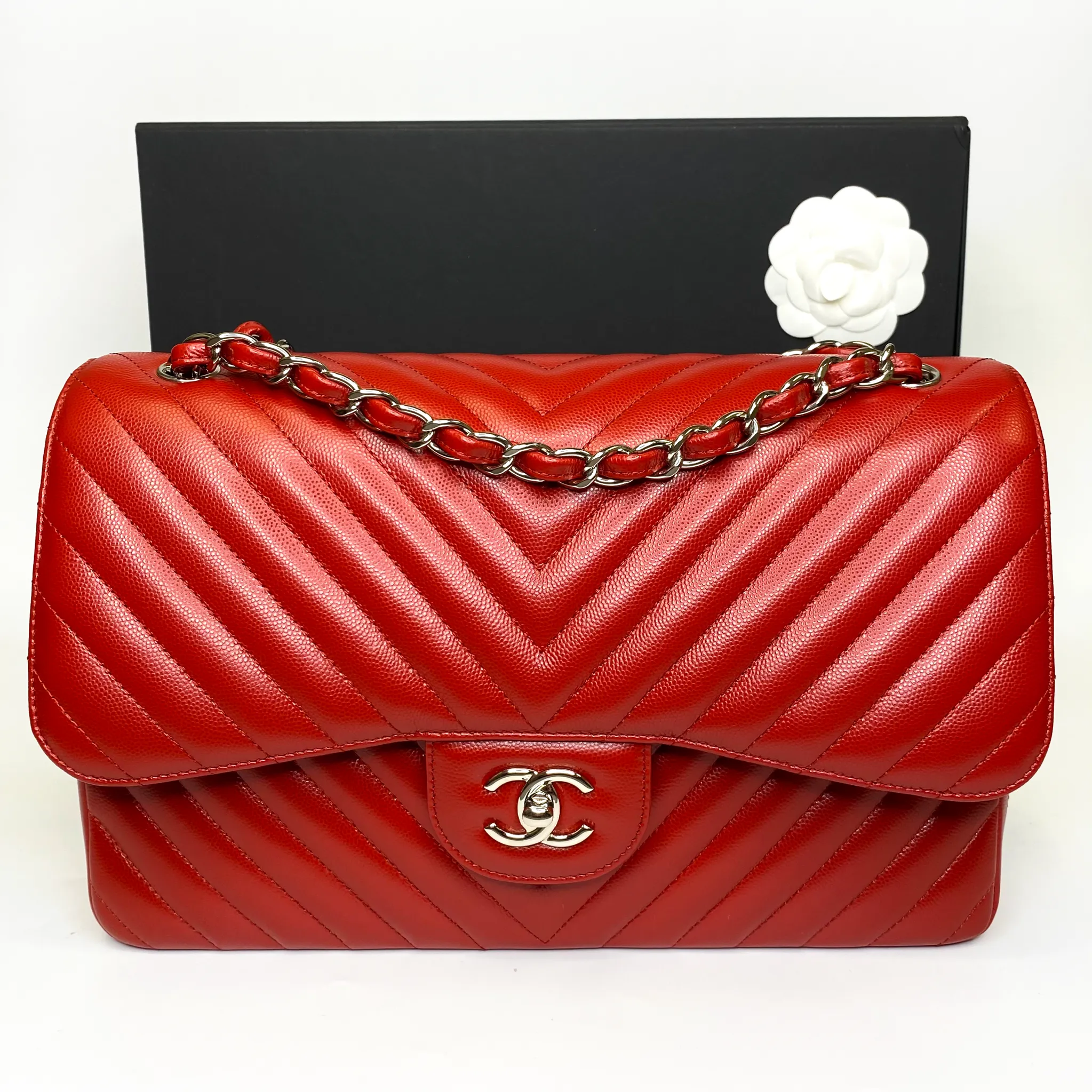 Chanel 2016 Red Chevron Jumbo Double Flap Bag