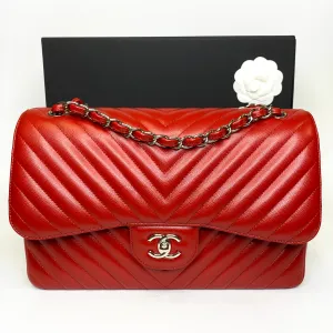 Chanel 2016 Red Chevron Jumbo Double Flap Bag