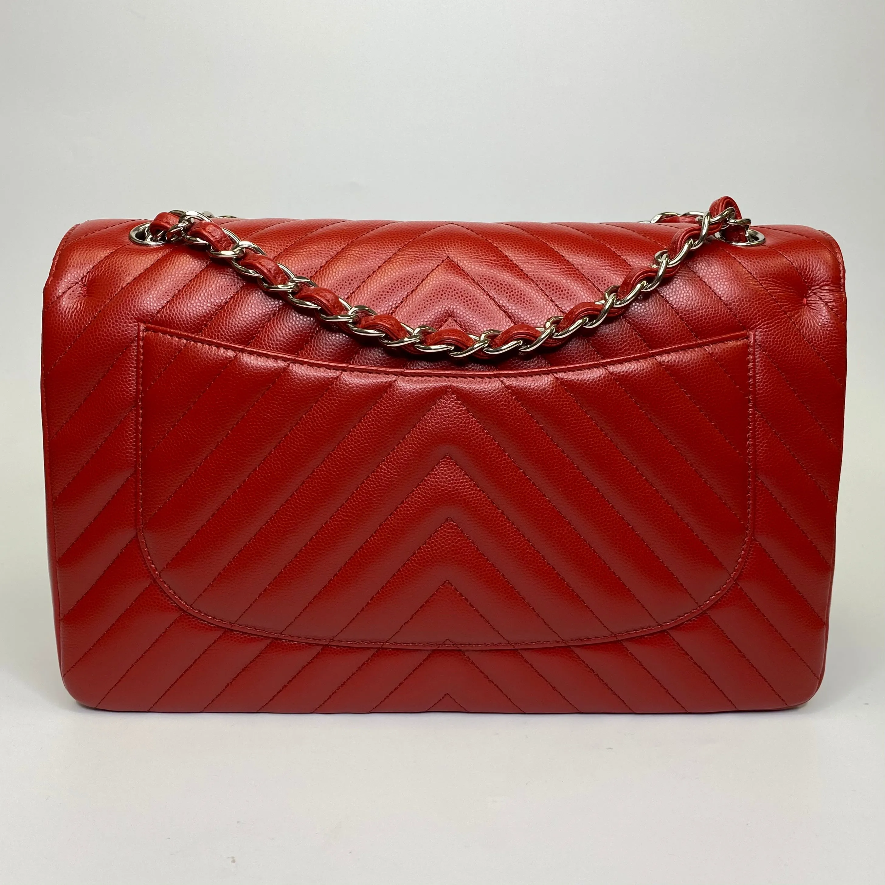 Chanel 2016 Red Chevron Jumbo Double Flap Bag