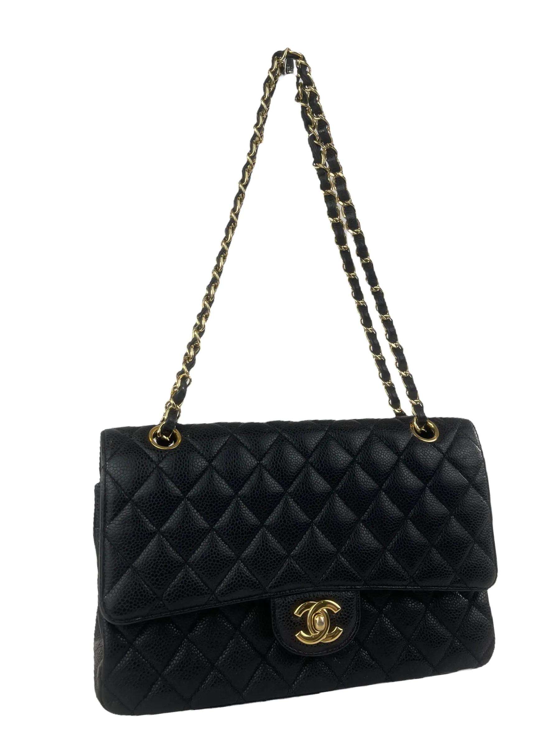 Chanel Classic Black Quilted Caviar Leather Medium Double Flap