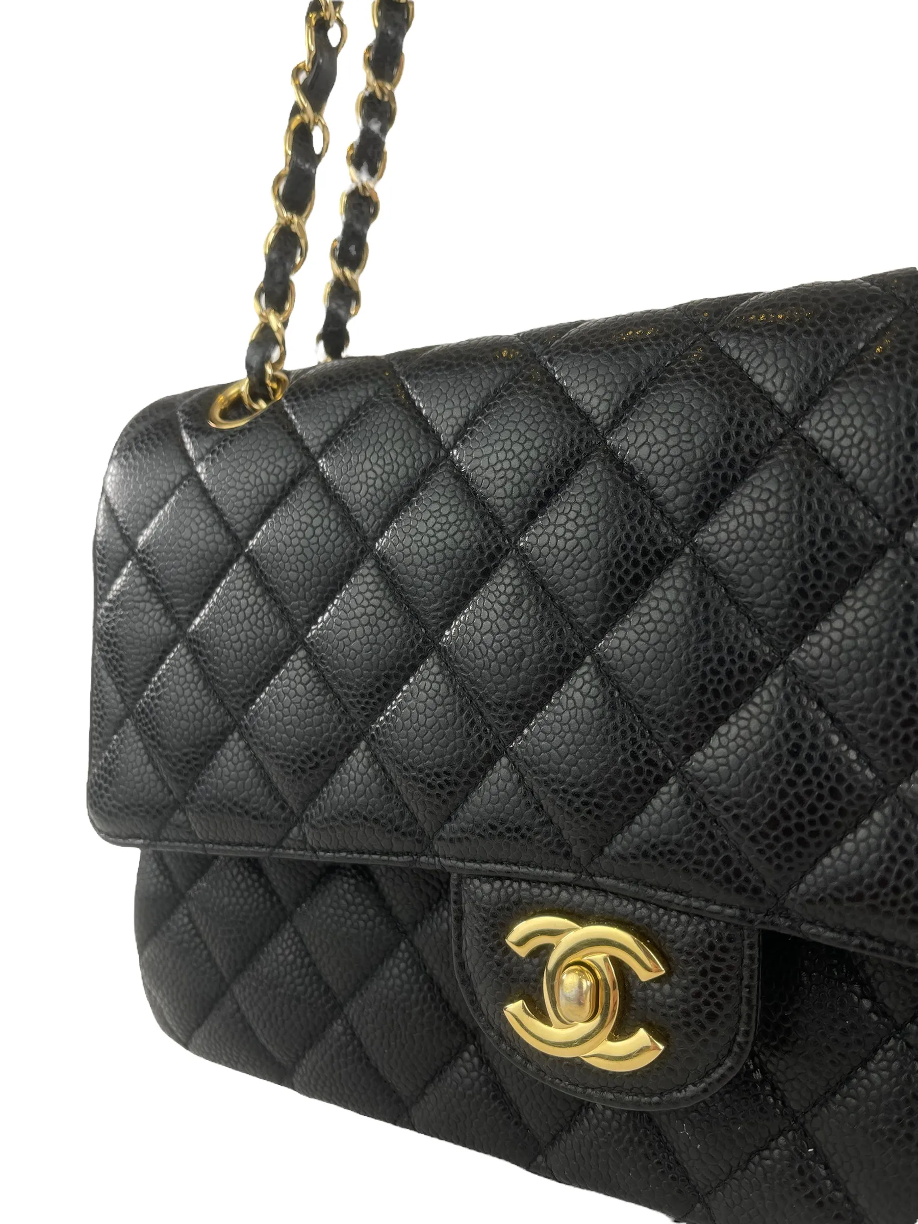 Chanel Classic Black Quilted Caviar Leather Medium Double Flap