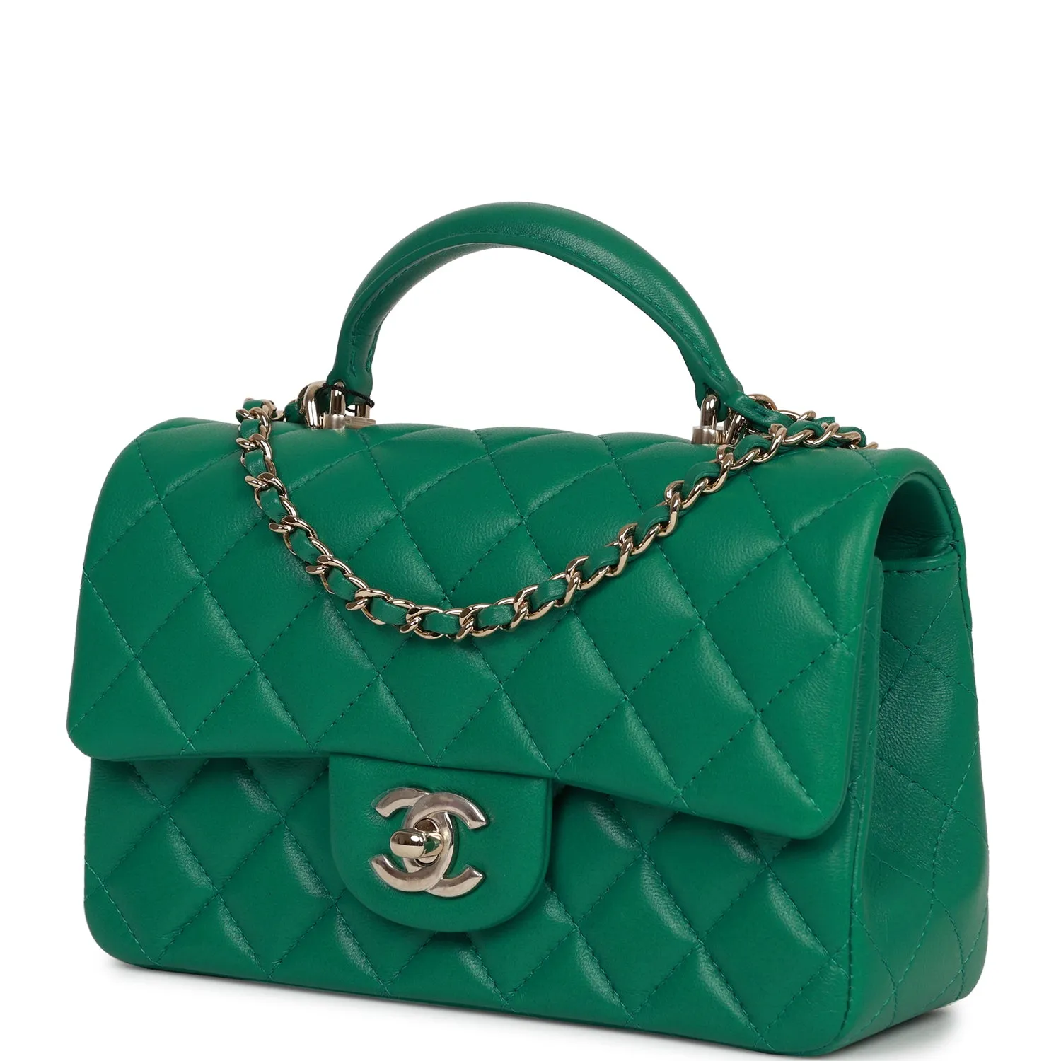 Chanel Mini Rectangular Flap with Top Handle Green Lambskin Light Gold Hardware