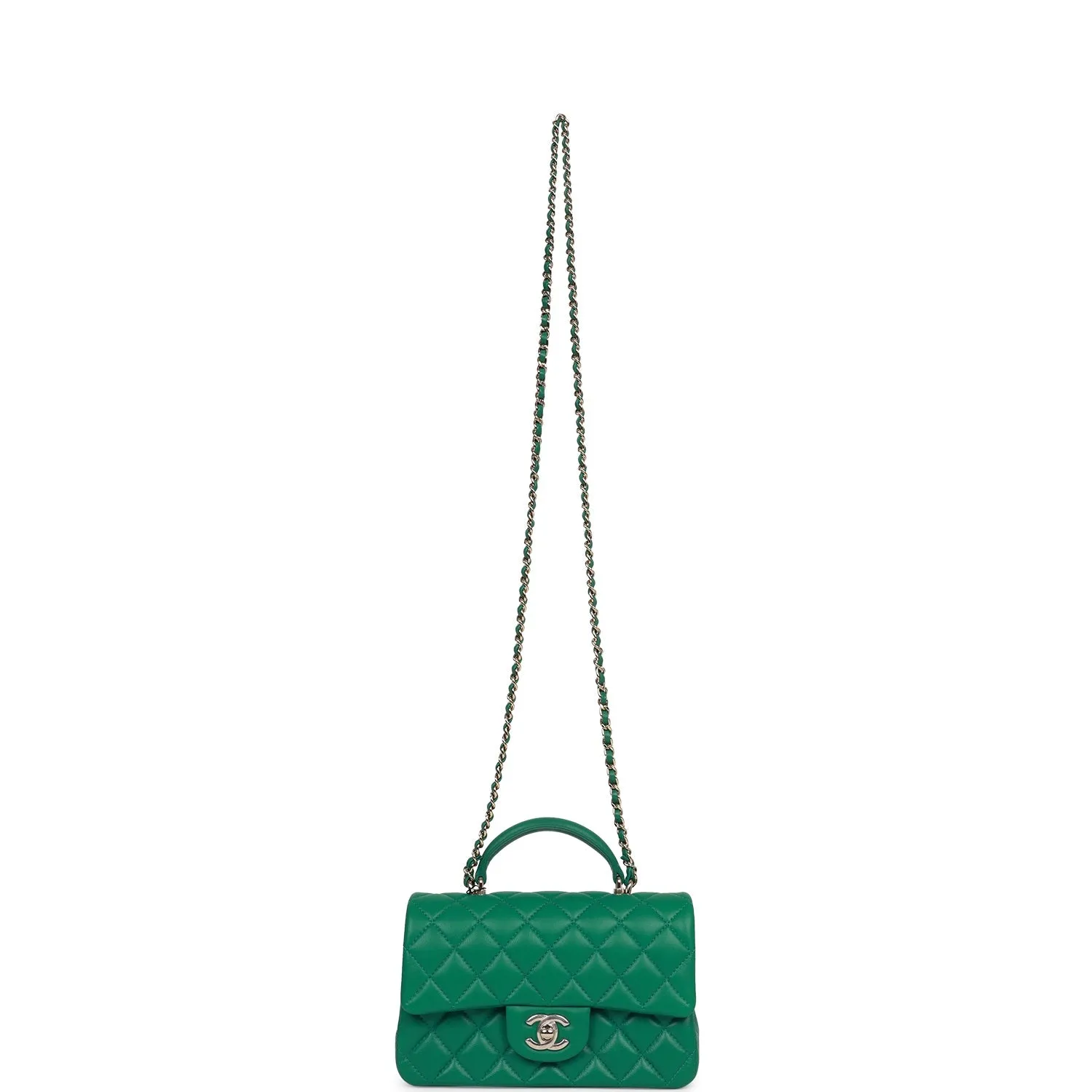 Chanel Mini Rectangular Flap with Top Handle Green Lambskin Light Gold Hardware