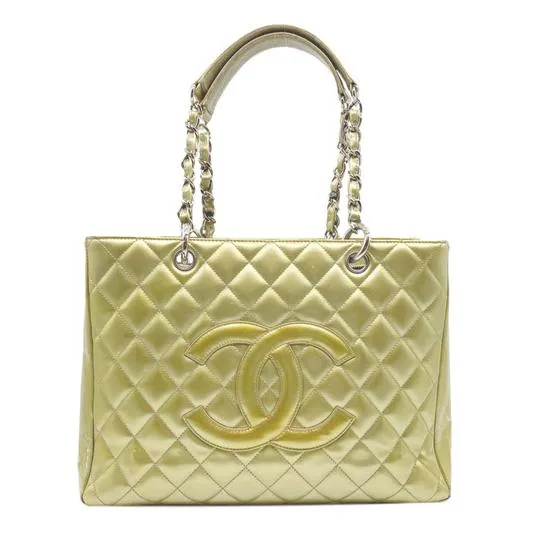 Chanel Shopping Quilted Grand Gst Gold Patent Leather Tote