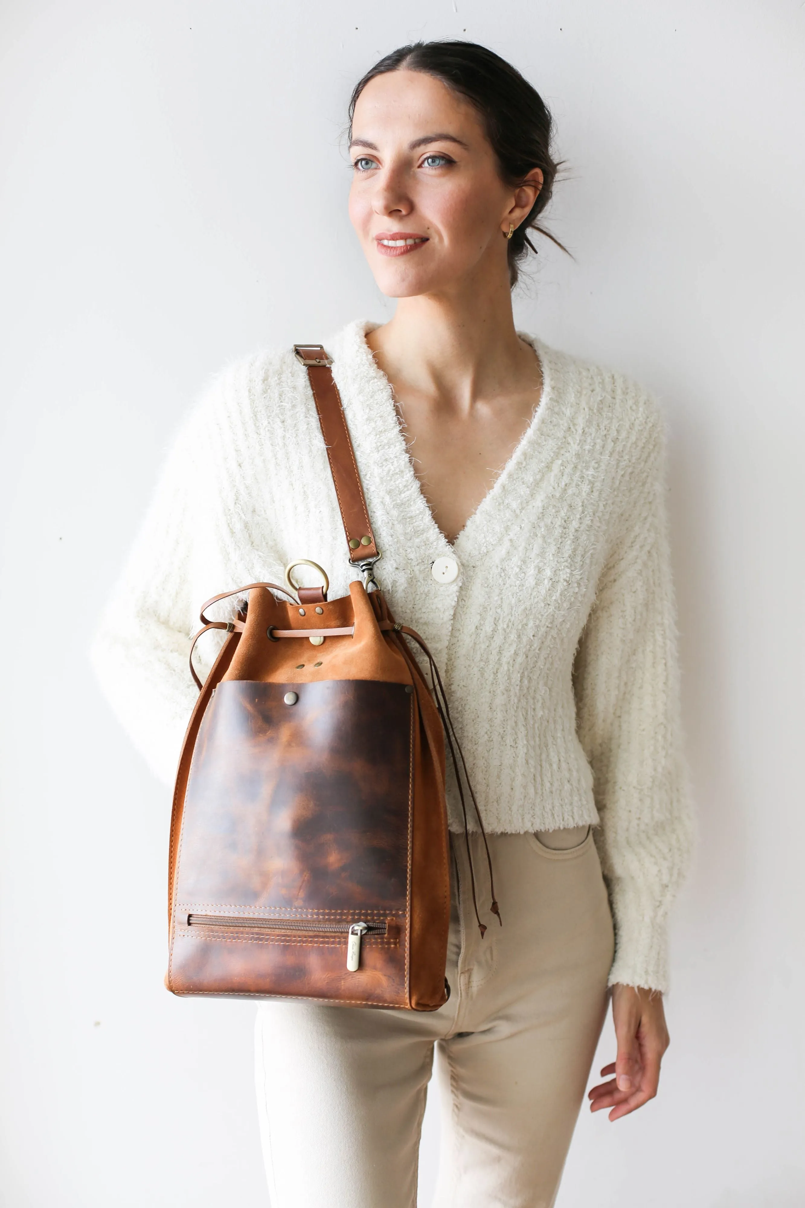 Coffee Brown Leather Backpack Purse