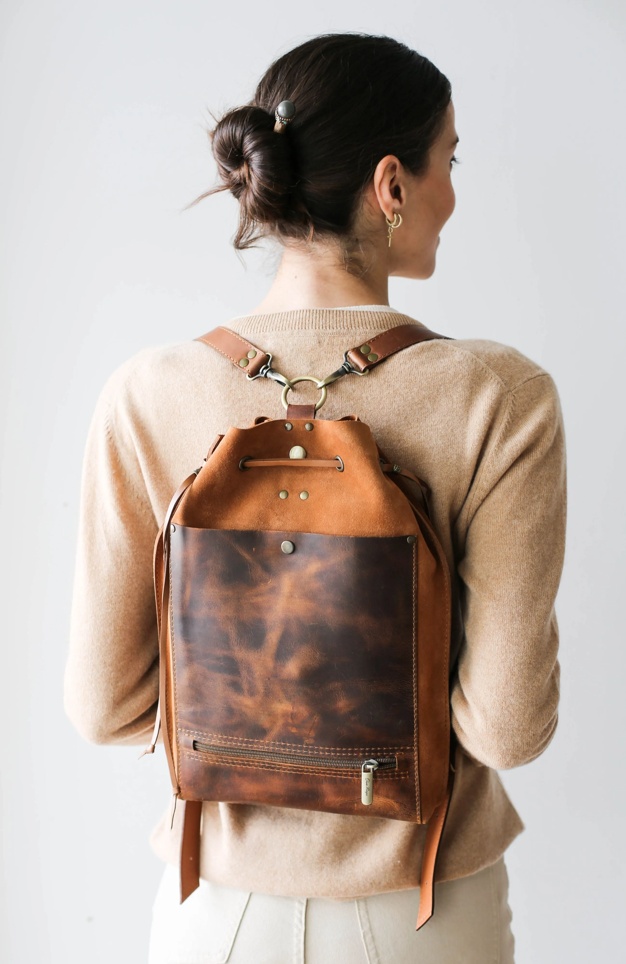 Coffee Brown Leather Backpack Purse