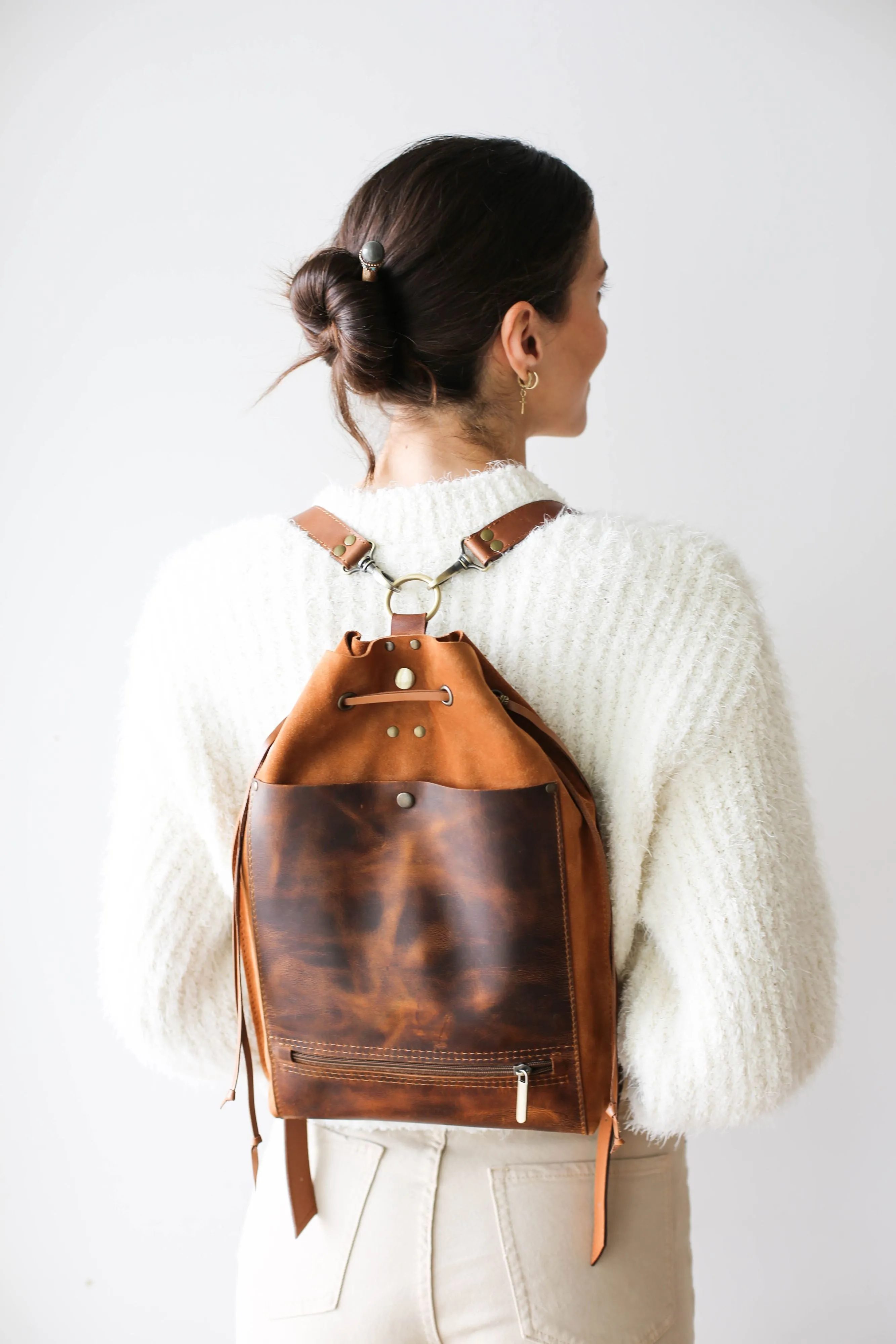 Coffee Brown Leather Backpack Purse