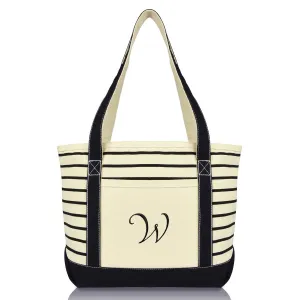 Dalix Striped W-Initial Tote Bag Womens Ballent Letter W