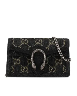 Denim and Leather Crossbody Bag with Chain Strap