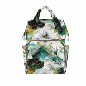 Green and White Ink Floral Diaper Bag Backpack