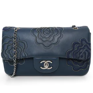 Lambskin Embroidered Camellia Navy Flap Bag