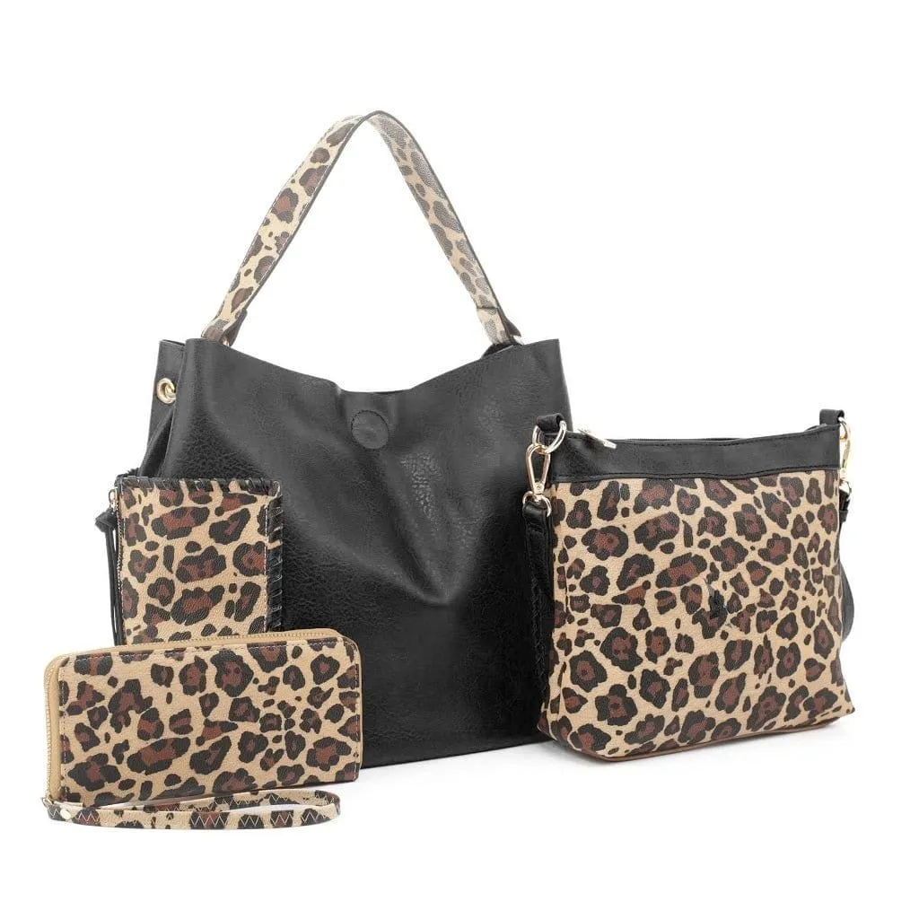 LF5037LT Braided Edge Pockets Leopard Print 3-in-1 Shoulder Bag