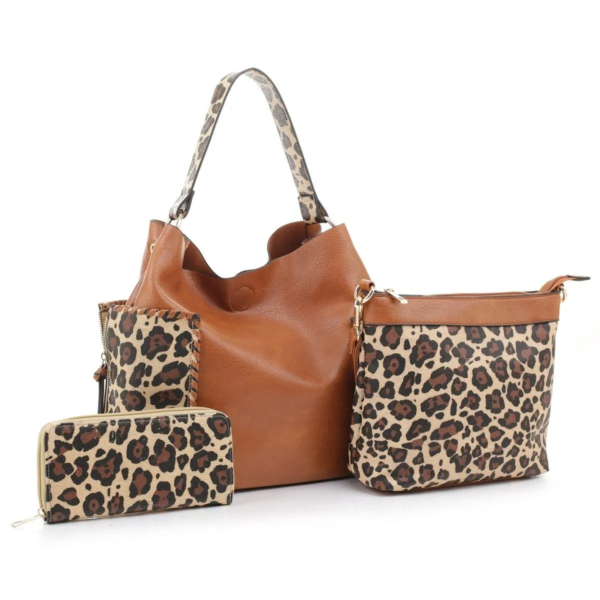 LF5037LT Braided Edge Pockets Leopard Print 3-in-1 Shoulder Bag