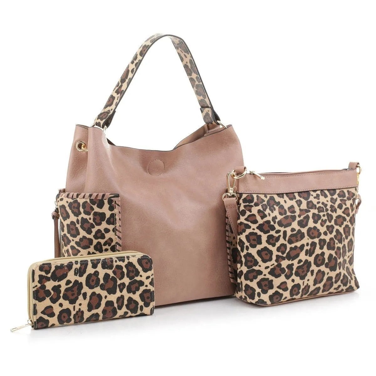 LF5037LT Braided Edge Pockets Leopard Print 3-in-1 Shoulder Bag