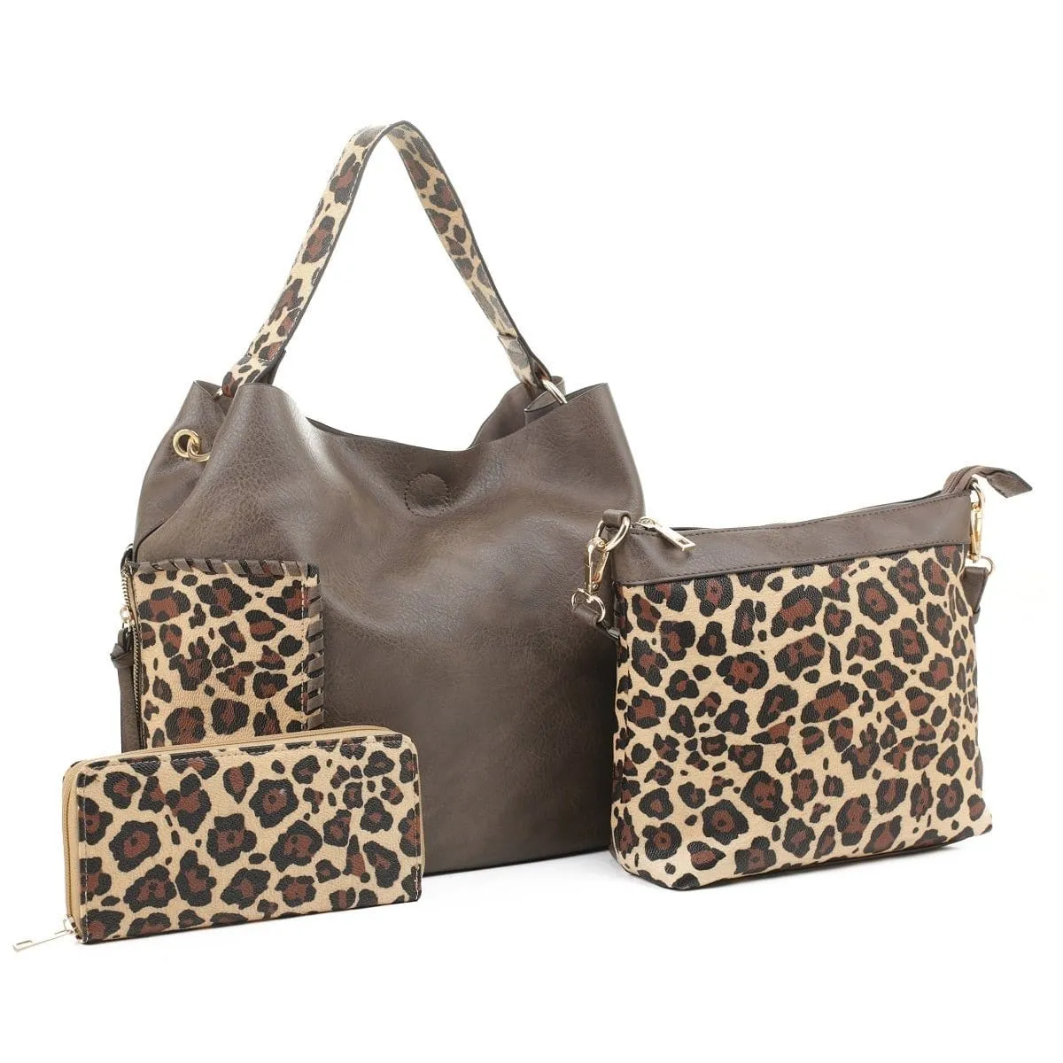 LF5037LT Braided Edge Pockets Leopard Print 3-in-1 Shoulder Bag