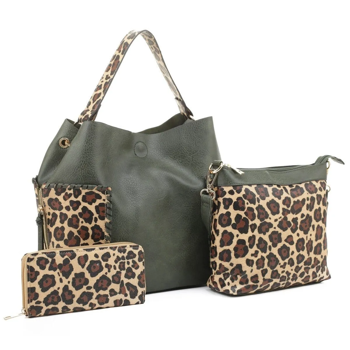 LF5037LT Braided Edge Pockets Leopard Print 3-in-1 Shoulder Bag