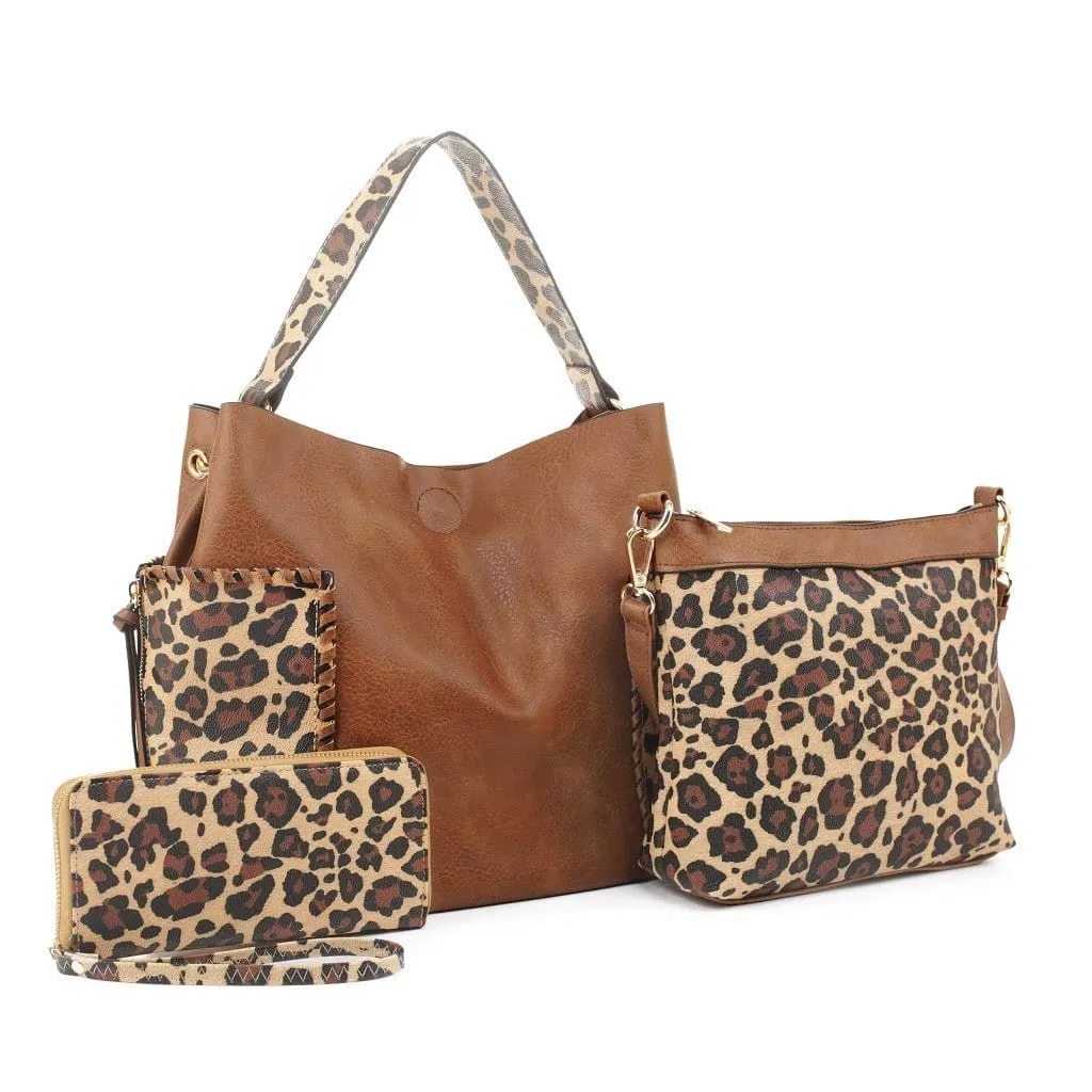 LF5037LT Braided Edge Pockets Leopard Print 3-in-1 Shoulder Bag