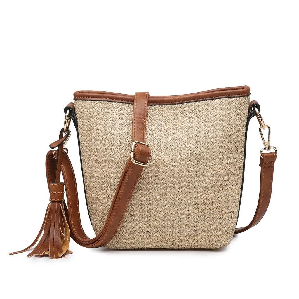 M1915 Woven Straw Snap Button Crossbody w/ Tassel