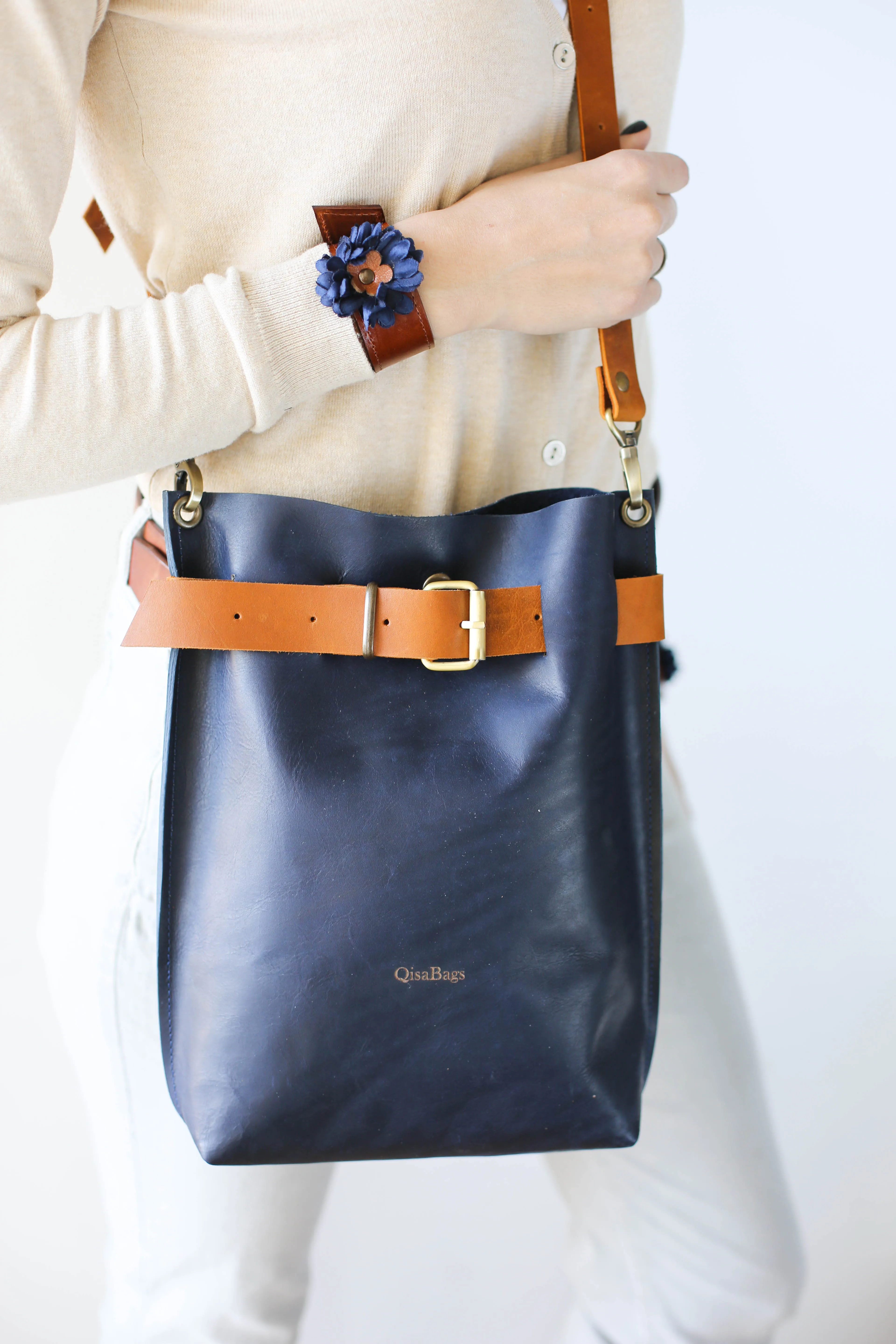 Navy Blue w/Brown Leather Bag