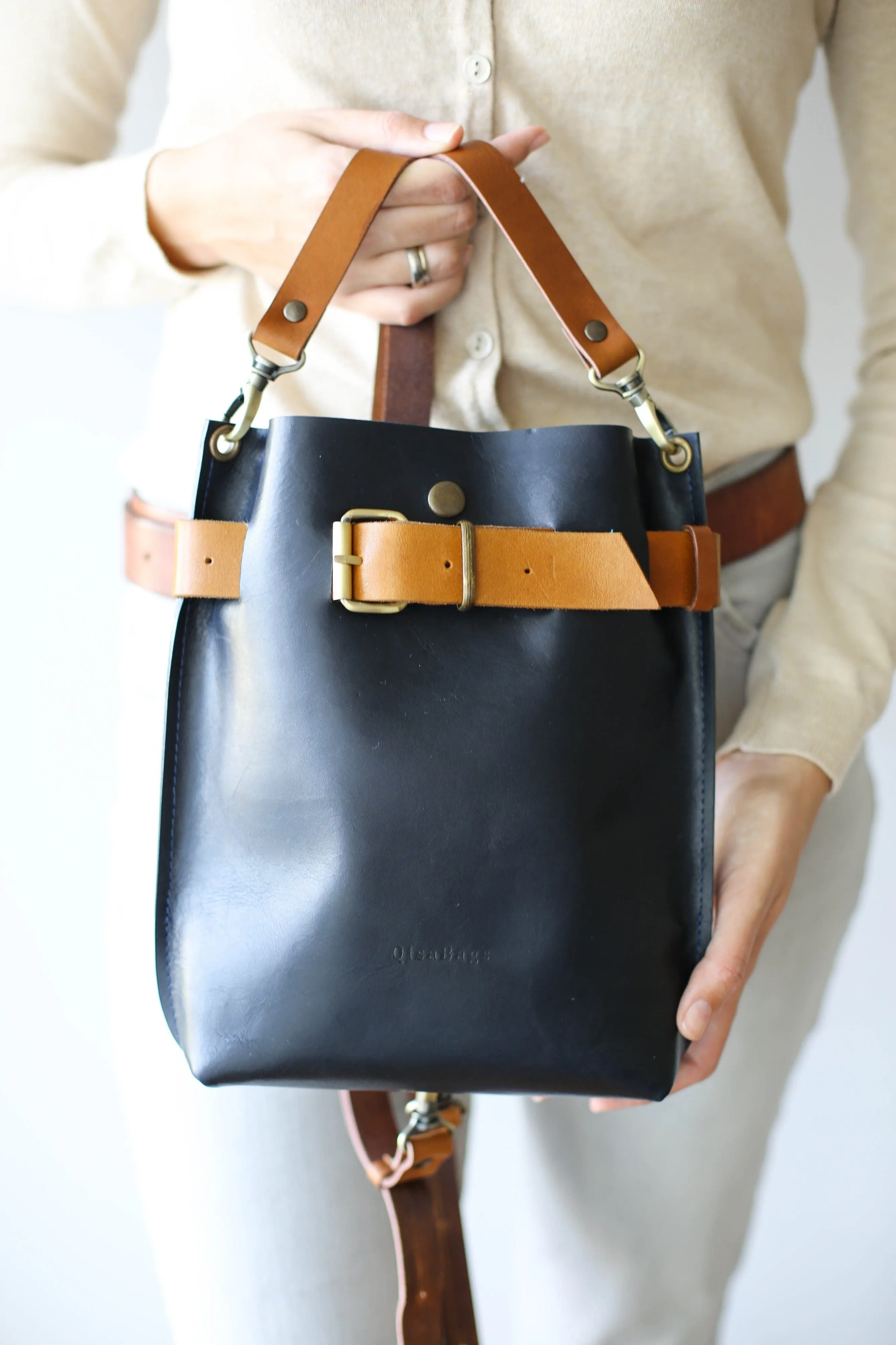 Navy Blue w/Brown Leather Bag