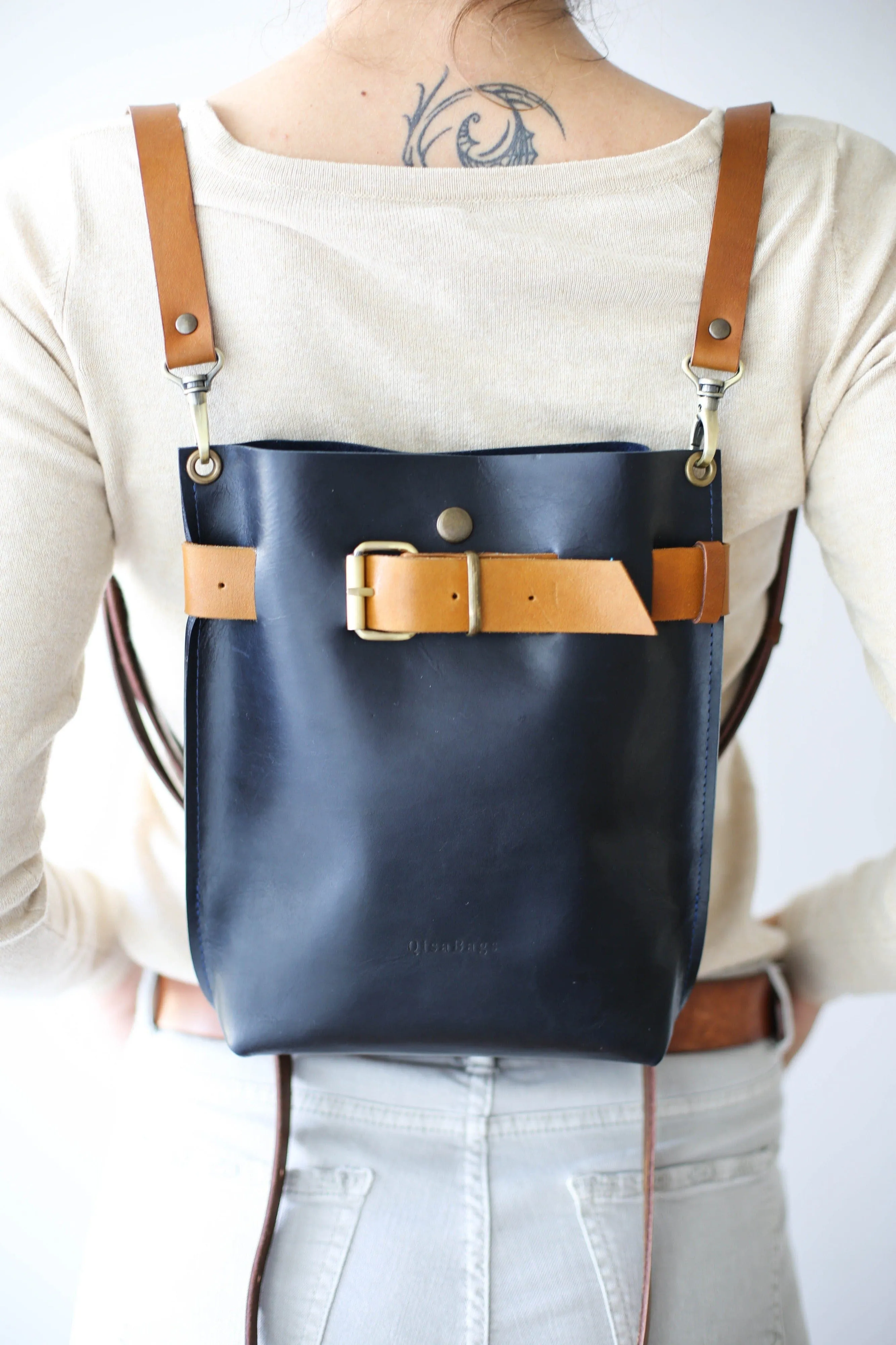 Navy Blue w/Brown Leather Bag