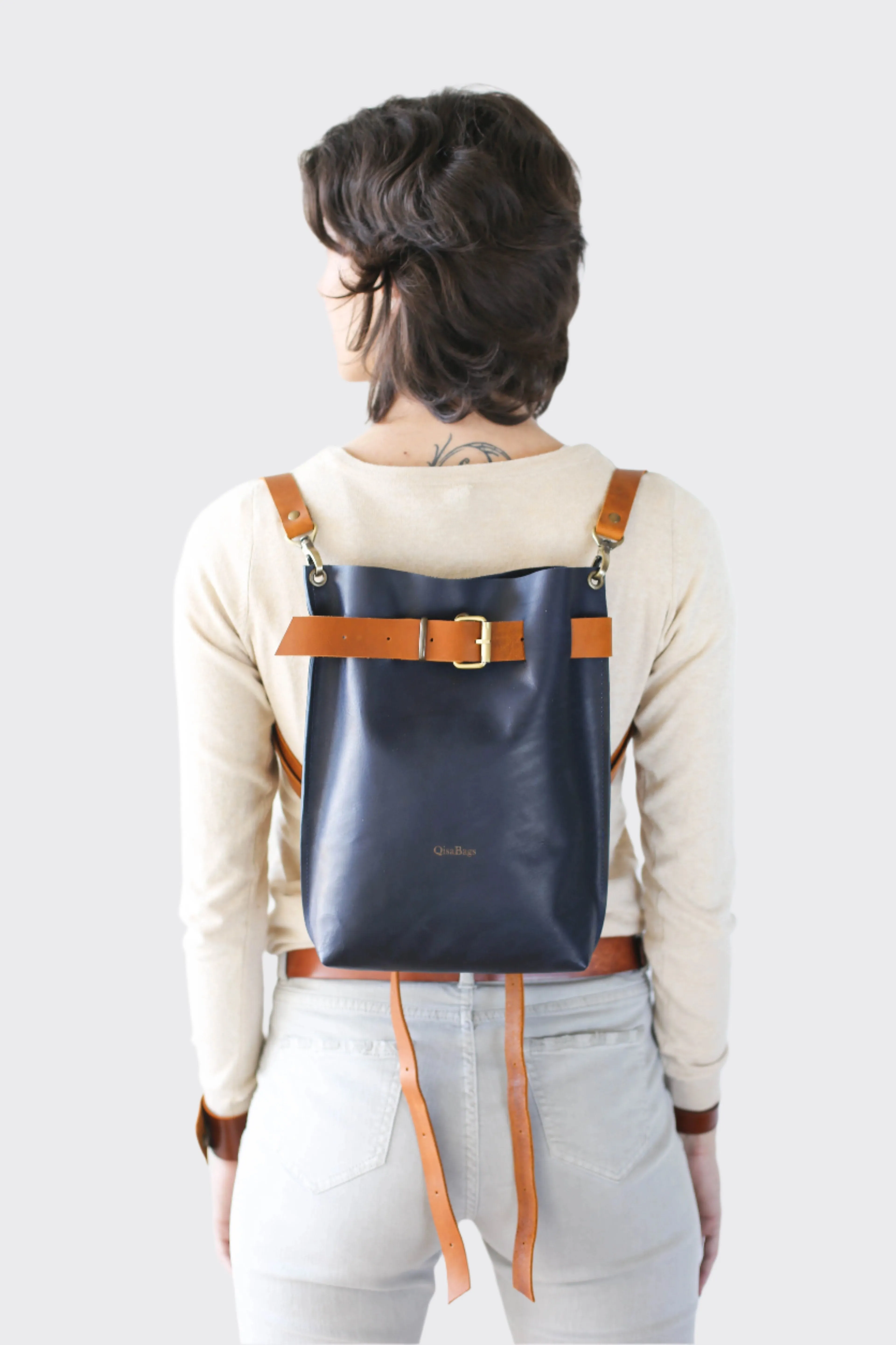 Navy Blue w/Brown Leather Bag