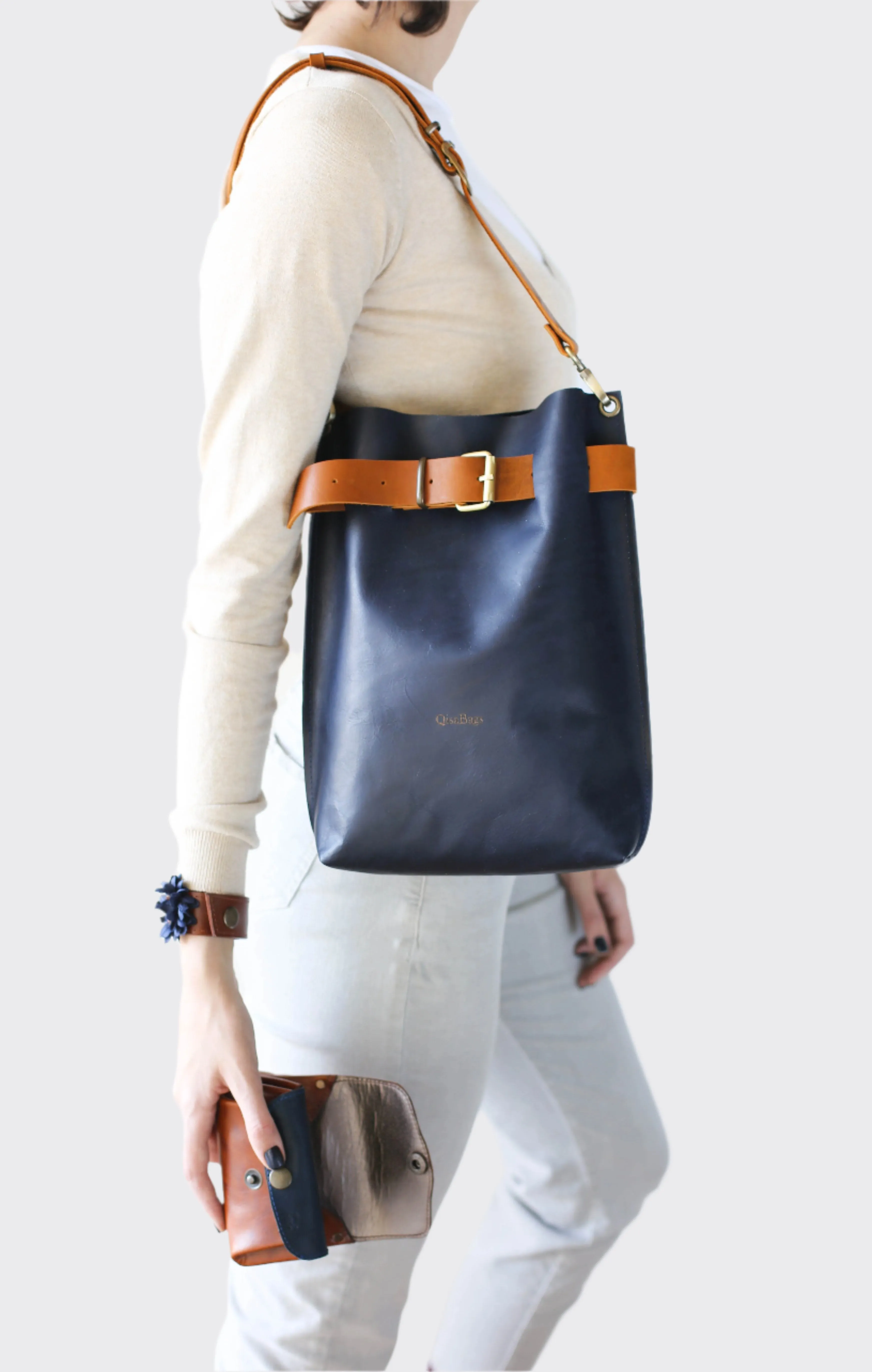 Navy Blue w/Brown Leather Bag