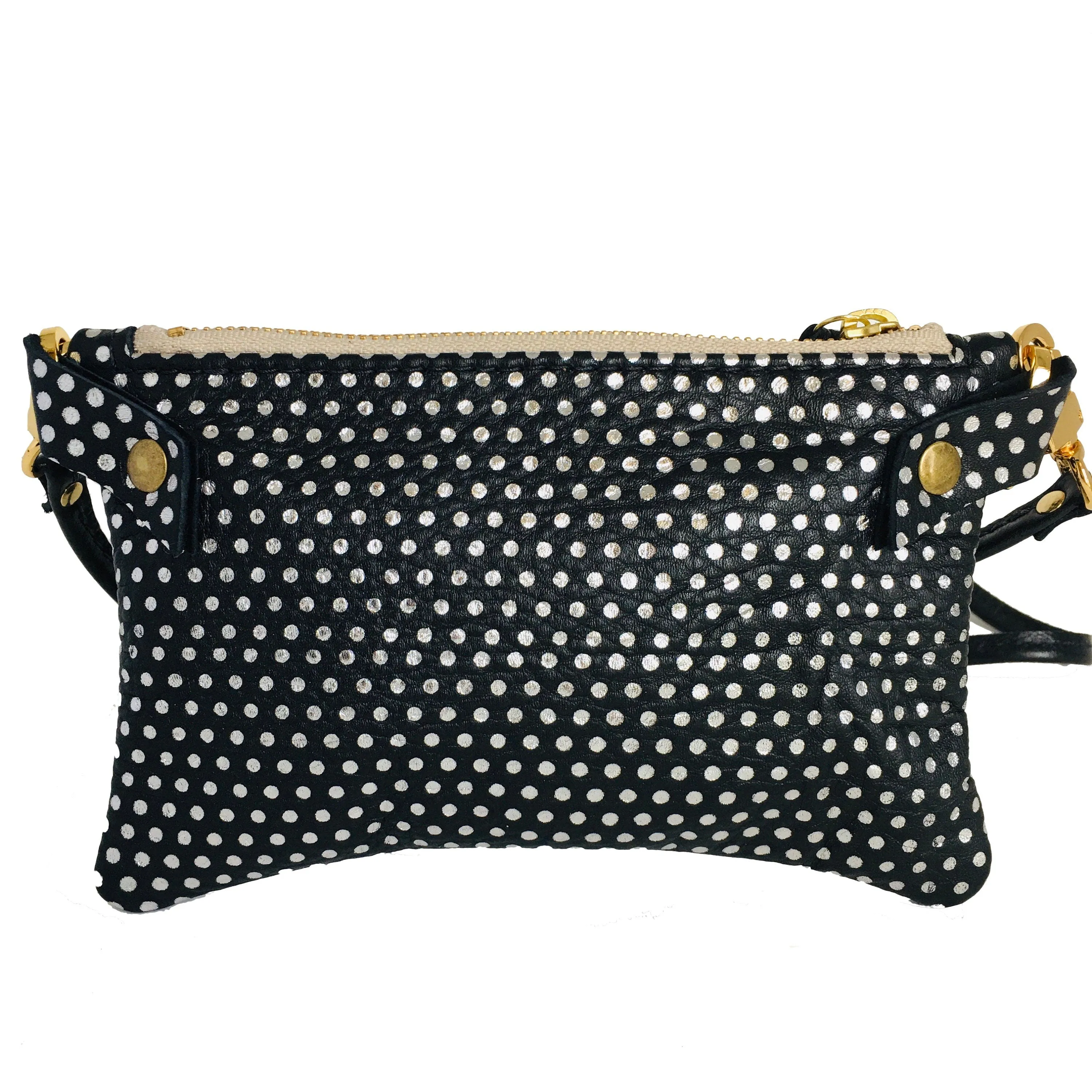 Small Leather Crossbody Purse - Cross Body Bag - Black With Metallic Silver Polka Dots - Ready To Ship