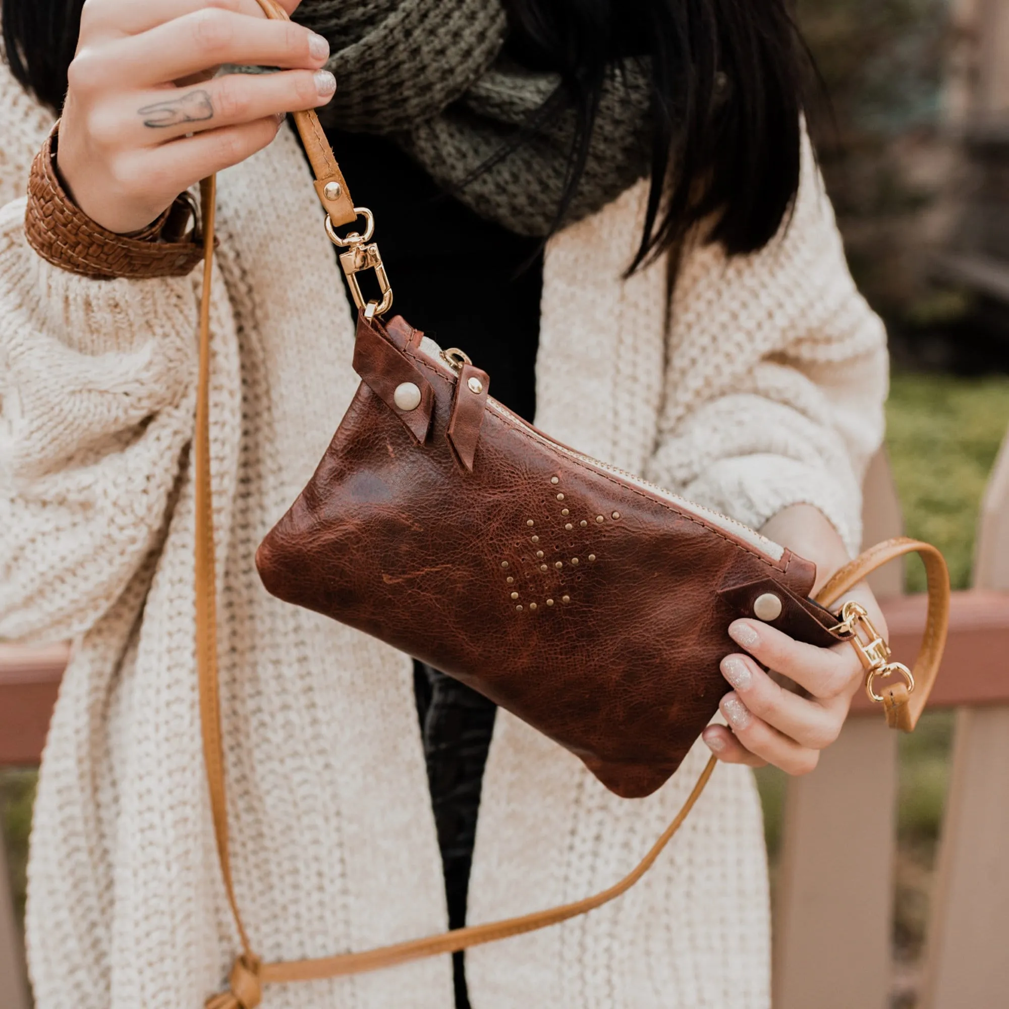 Small Leather Shoulder Bag Crossbody Purse For Women - Hand Painted in Colors of Saddle Brown & Peach - One Of A Kind