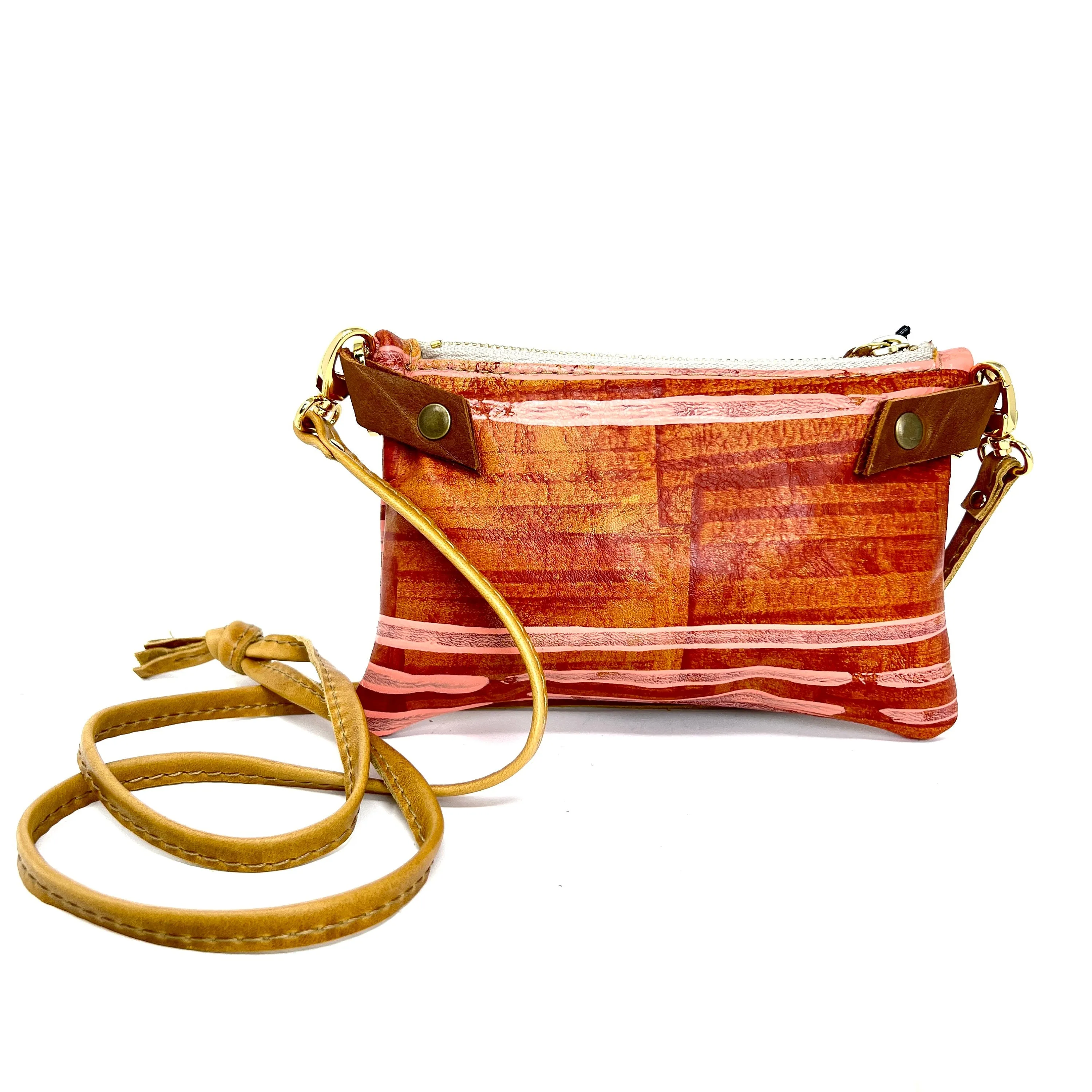 Small Leather Shoulder Bag Crossbody Purse For Women - Hand Painted in Colors of Saddle Brown & Peach - One Of A Kind