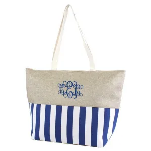 ST18C-1004 Burlap Top Monogrammable Stripes Print Tote/Beach Bag