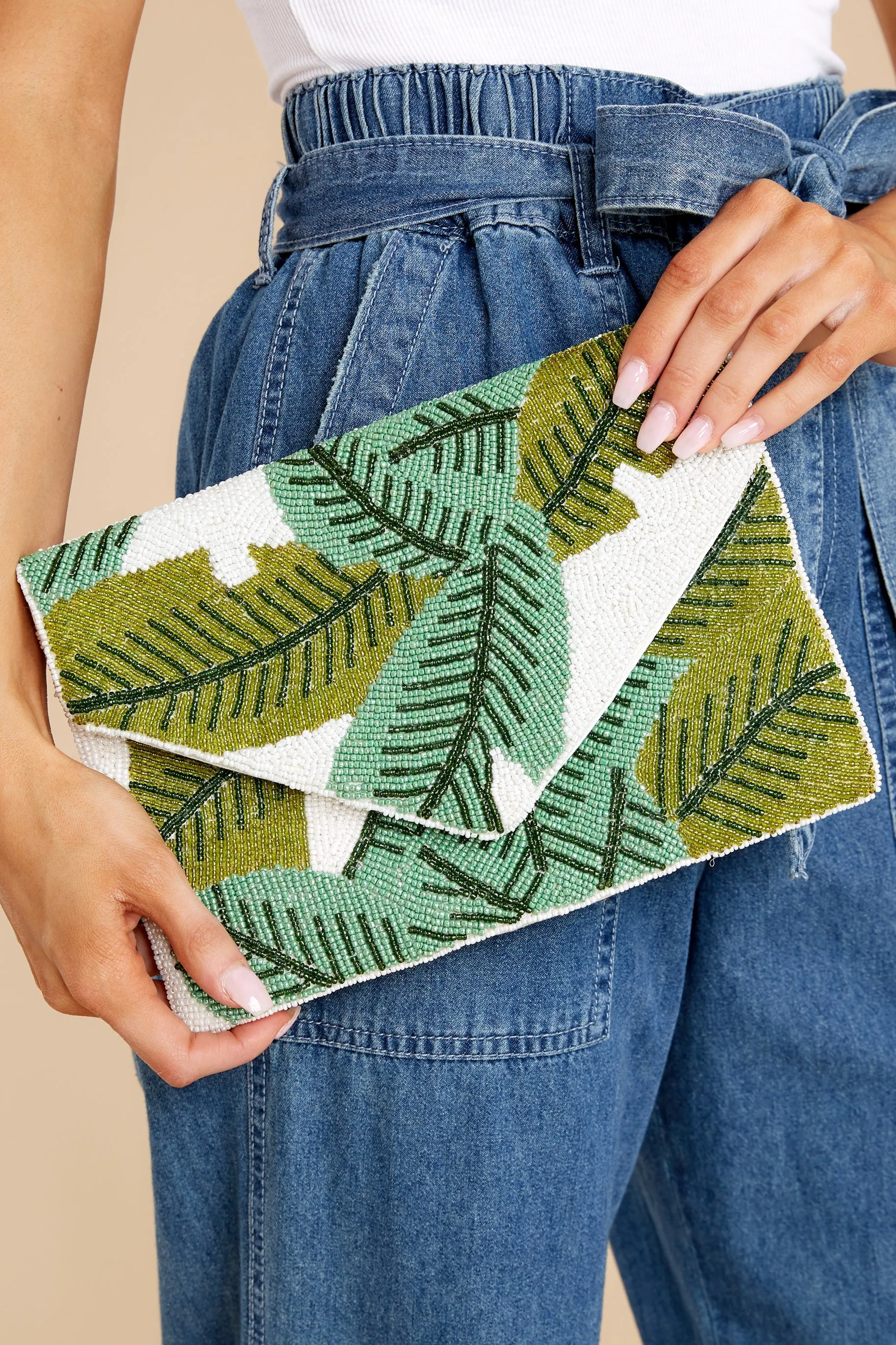 Under The Palm Tree White And Green Beaded Clutch