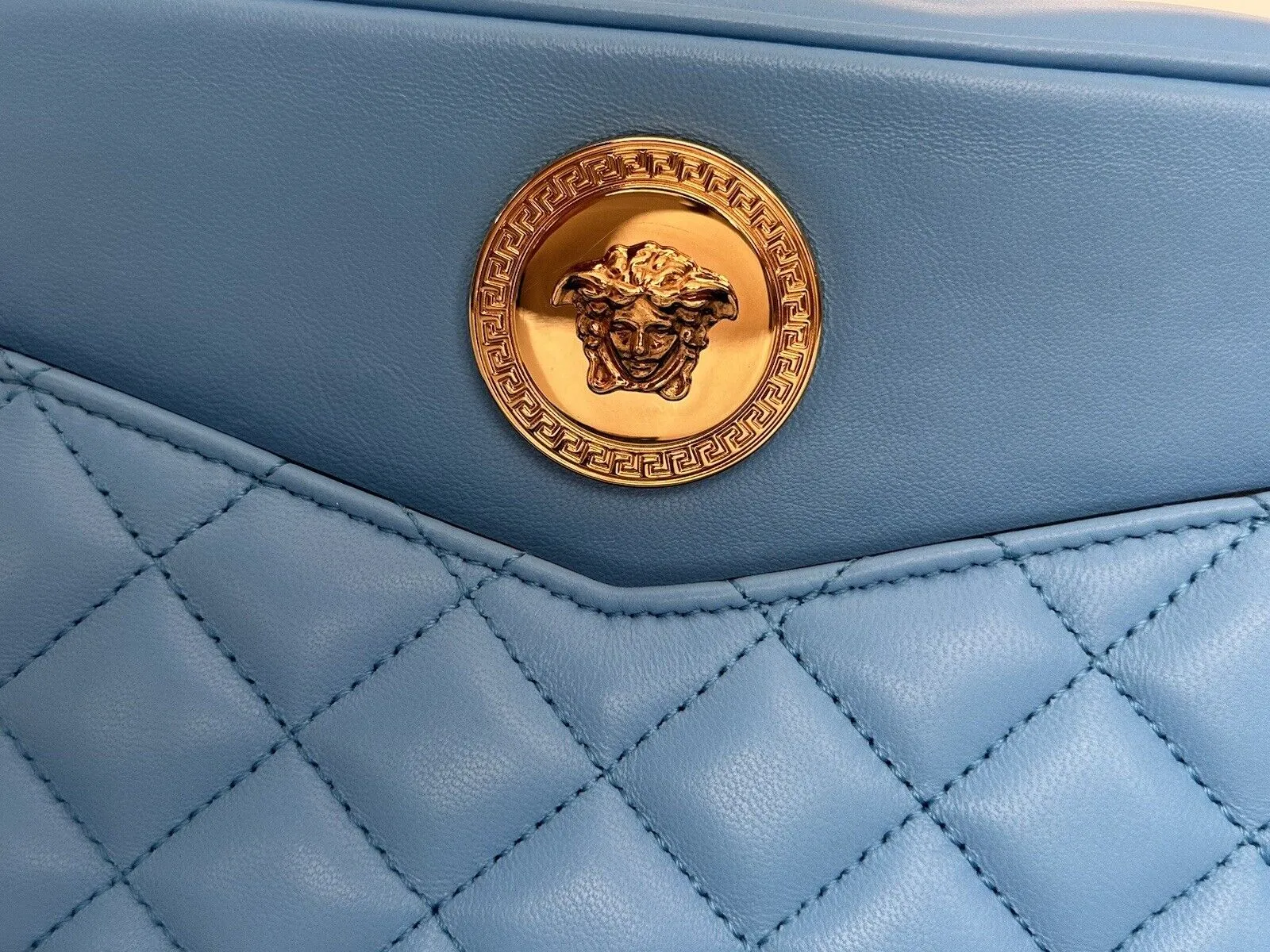 Versace La Medusa Blue Quilted Lamb Leather Medium Crossbody Bag